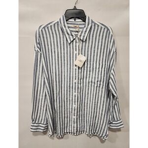 Faherty NWT Linen Blouse Womens L Blue/White Vertical Striped Long Sleeve Pocket